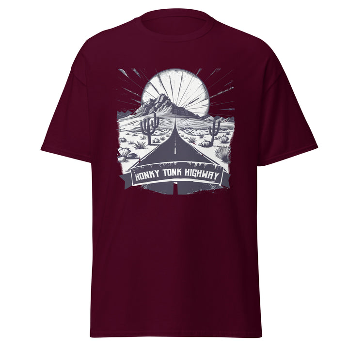 maroon-classic tee with-Honky Tonk Highway-design for unisex