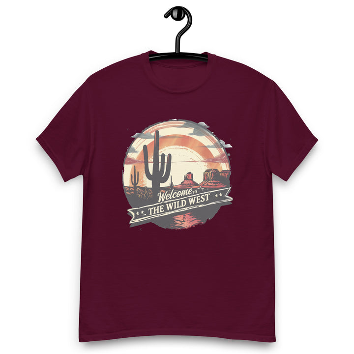 maroon-classic tee with- Welcome To The Wild West-design for unisex