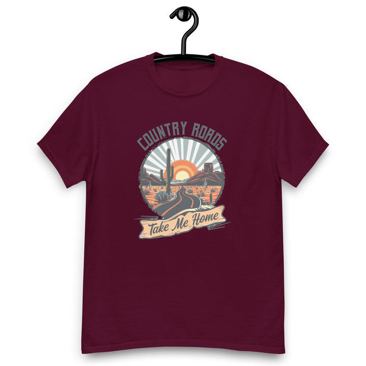 maroon-classic tee with-Country Roads Take Me Home-design for unisex