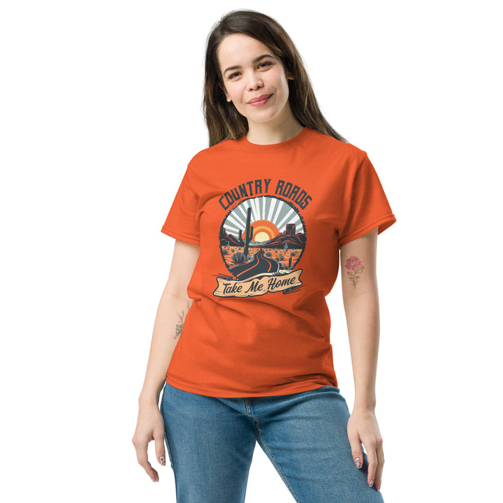 orange-classic tee with-Country Roads Take Me Home-design for unisex