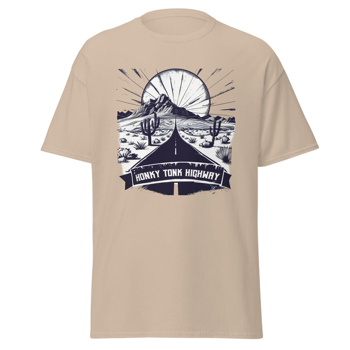 sand-classic tee with-Honky Tonk Highway-design for unisex