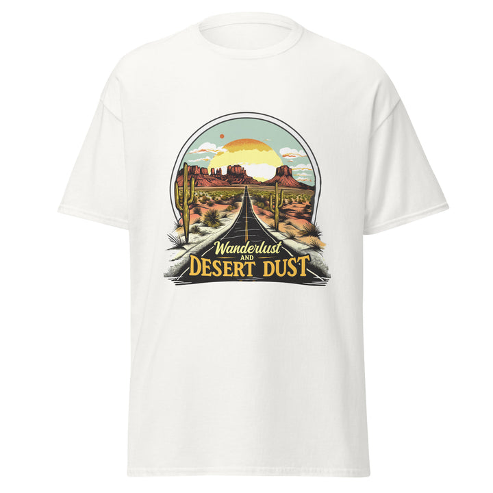 white-classic tee with- Wanderlust & desert dust Design-design for unisex