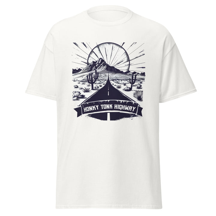 white-classic tee with-Honky Tonk Highway-design for unisex