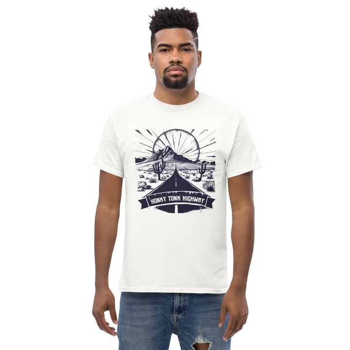 white-classic tee with-Honky Tonk Highway-design for unisex