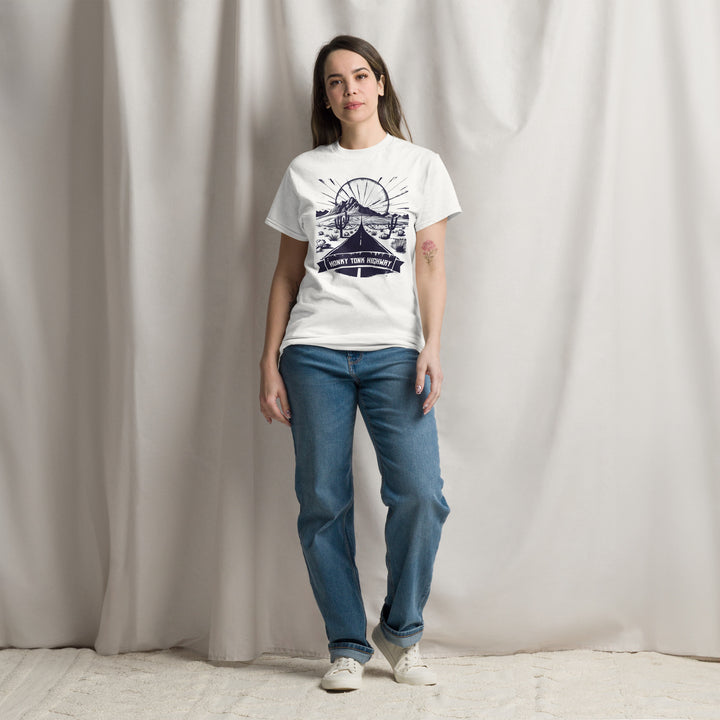 white-classic tee with-Honky Tonk Highway-design for unisex