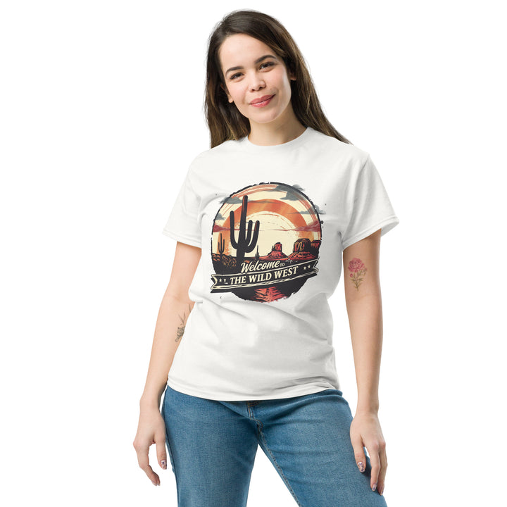 white-classic tee with- Welcome To The Wild West-design for unisex