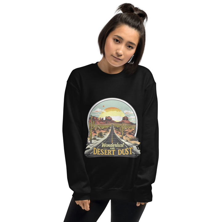 black-sweatshirt with-Wanderlust-And-Desert-Dust-design for unisext