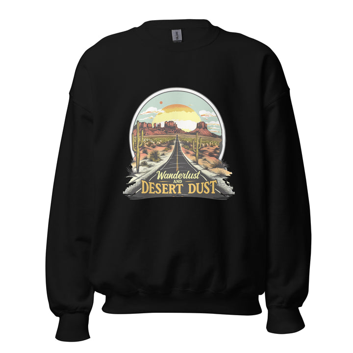 black-sweatshirt with-Wanderlust-And-Desert-Dust-design for unisex