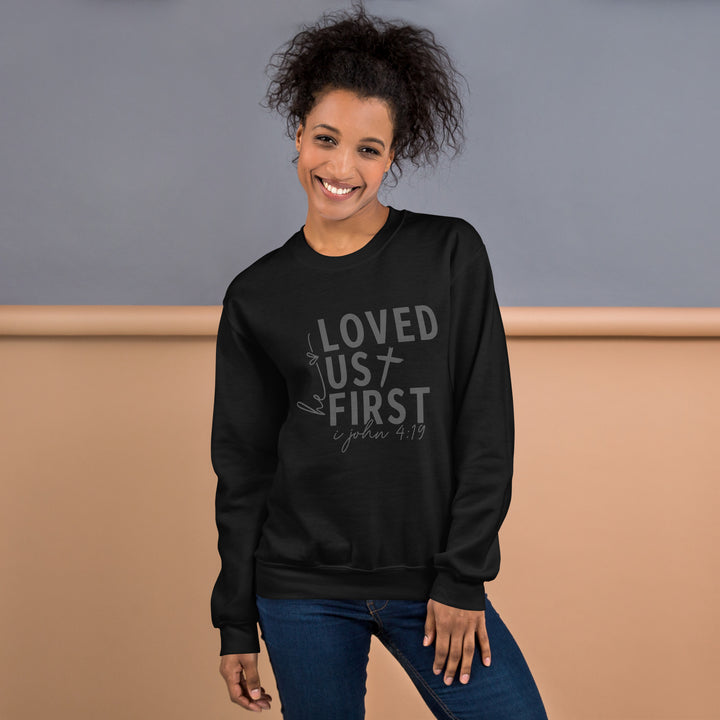 black-sweatshirt with-Loved us First-design for unisex 