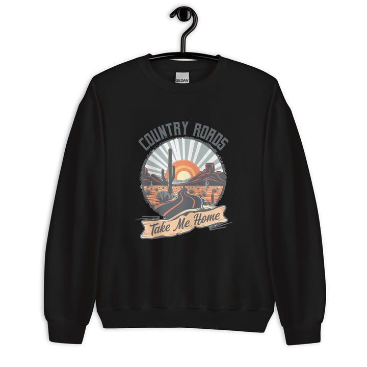 black-sweatshirt with Country Roads Take Me-design for unisex