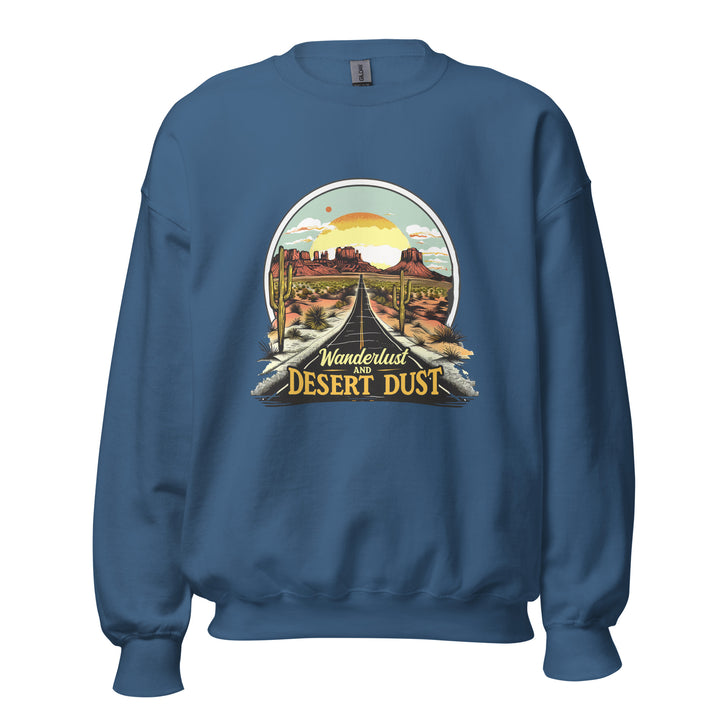 indigo-sweatshirt with-Wanderlust-And-Desert-Dust-design for unisex