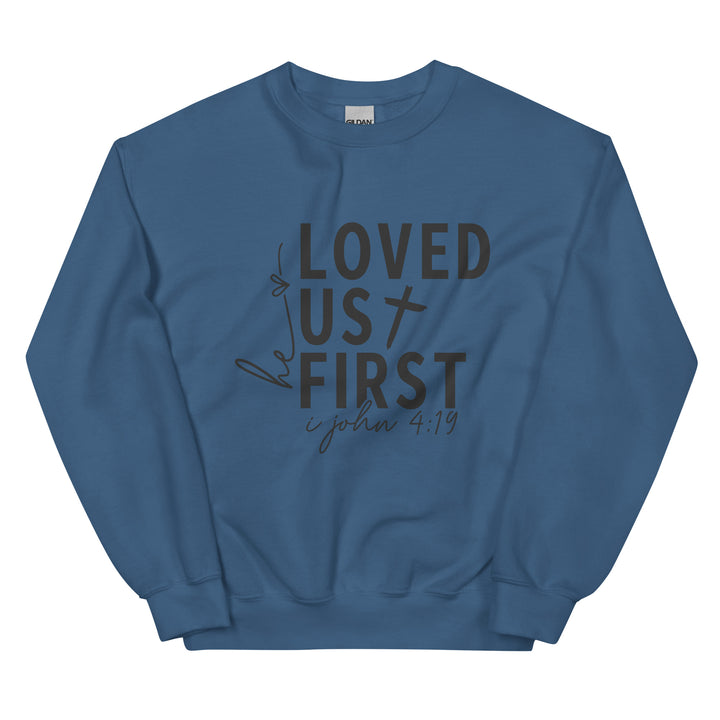 indigo-sweatshirt with-Loved us First-design for unisex 