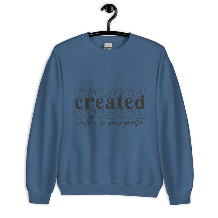 indigo-blue-sweatshirt with-Created with a purpose-design for unisex