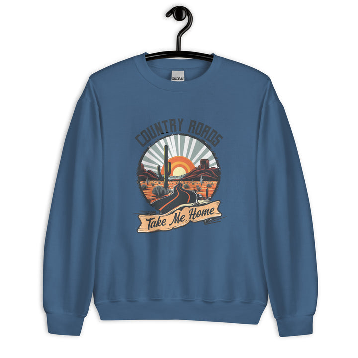 indigo-blue-sweatshirt with Country Roads Take Me-design for unisex