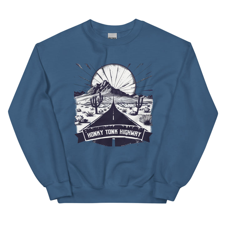 indigo-blue-sweatshirt with-Honky Tonk Highway-design for unisex