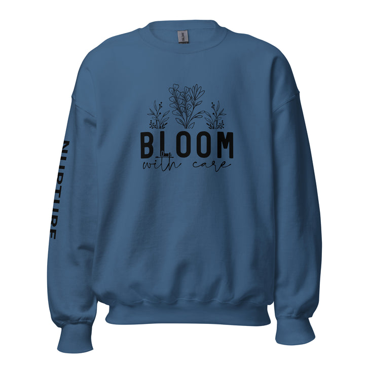 indigo-blue-sweatshirt with-Bloom with care-design for unisex