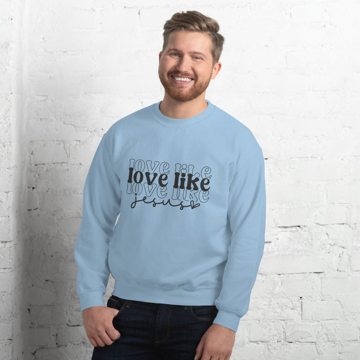 light-blue-sweatshirt with-Love Like Jesus-design for unisex