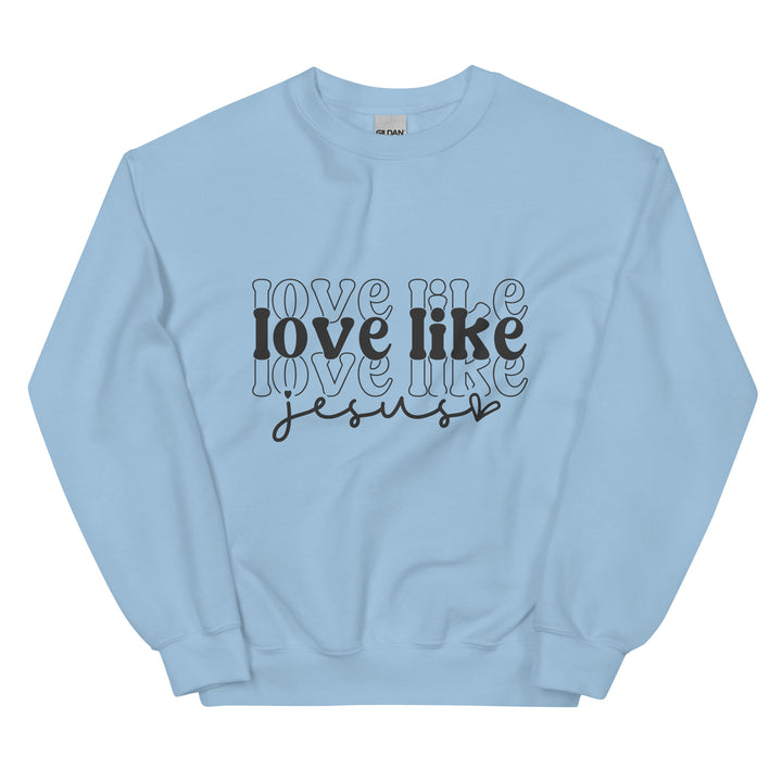 light-blue-sweatshirt with-Love Like Jesus-design for unisex