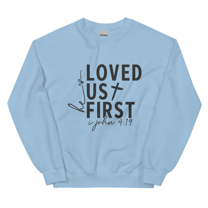 light-blue-sweatshirt with-Loved us First-design for unisex 