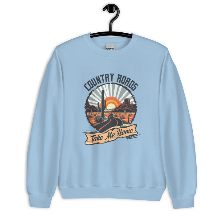 light-blue-sweatshirt with Country Roads Take Me-design for unisex