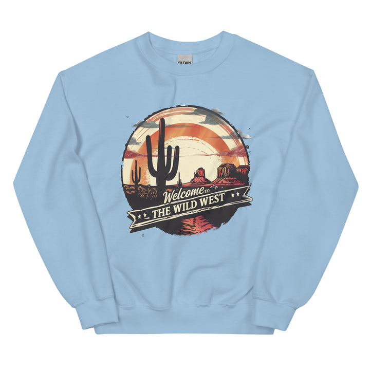 light-blue-sweatshirt with-Welcome To The Wild West-design for unisex