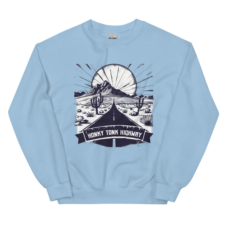 light-blue-sweatshirt with-Honky Tonk Highway-design for unisex