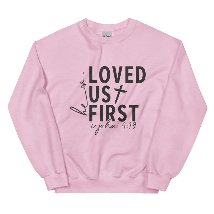 light-pink-sweatshirt with-Loved us First-design for unisex 