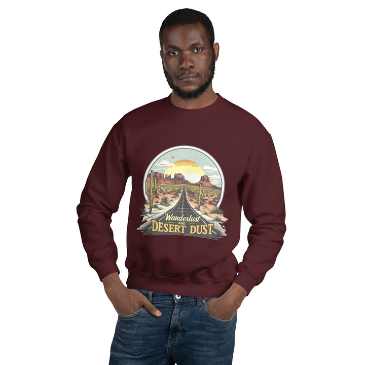 maroon-sweatshirt with-Wanderlust-And-Desert-Dust-design for unisex