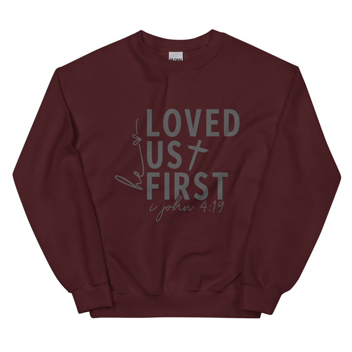 maroon-sweatshirt with-Loved us First-design for unisex 