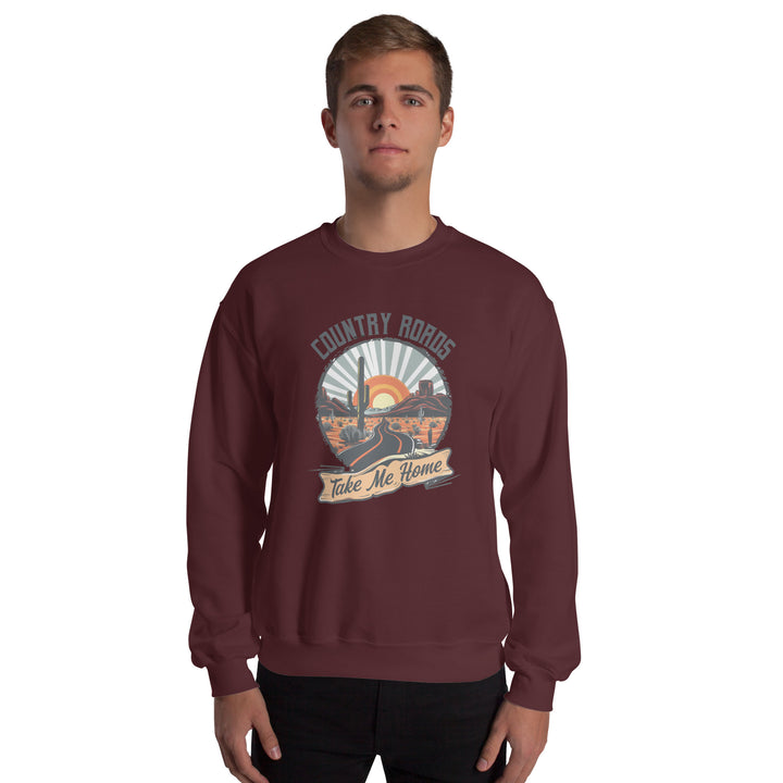 maroon-sweatshirt with Country Roads Take Me-design for unisex