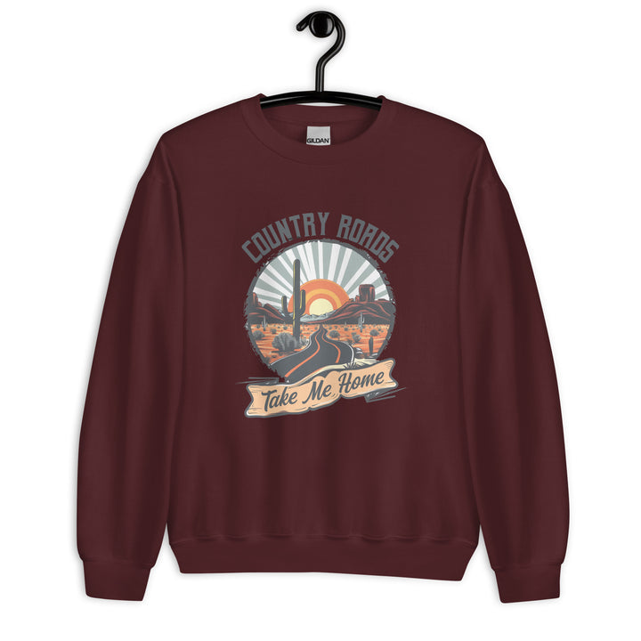 maroon-sweatshirt with Country Roads Take Me-design for unisex