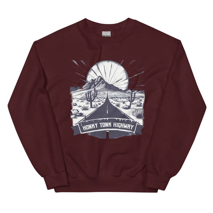 maroon-sweatshirt with-Honky Tonk Highway-design for unisex