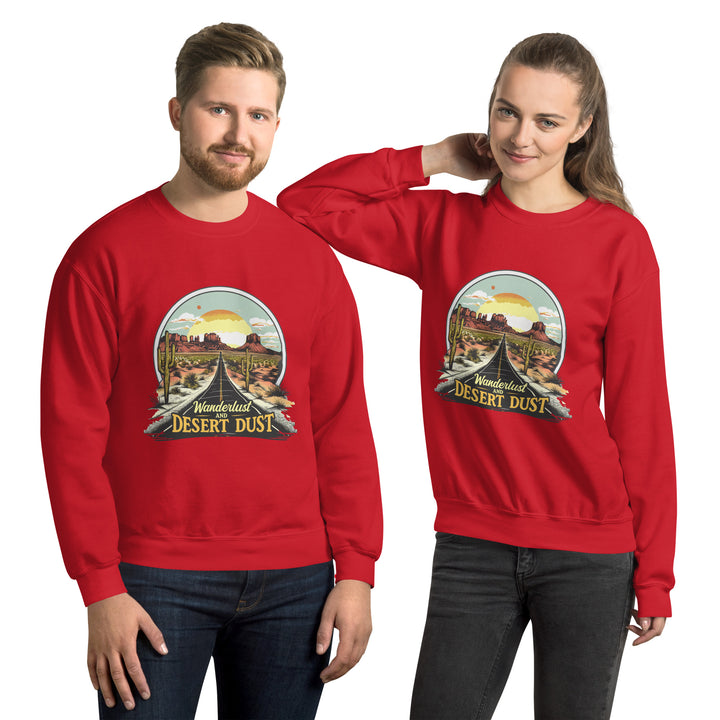 red-sweatshirt with-Wanderlust-And-Desert-Dust-design for unisex