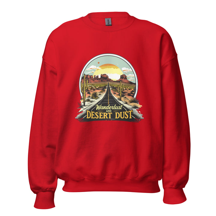 red-sweatshirt with-Wanderlust-And-Desert-Dust-design for unisex