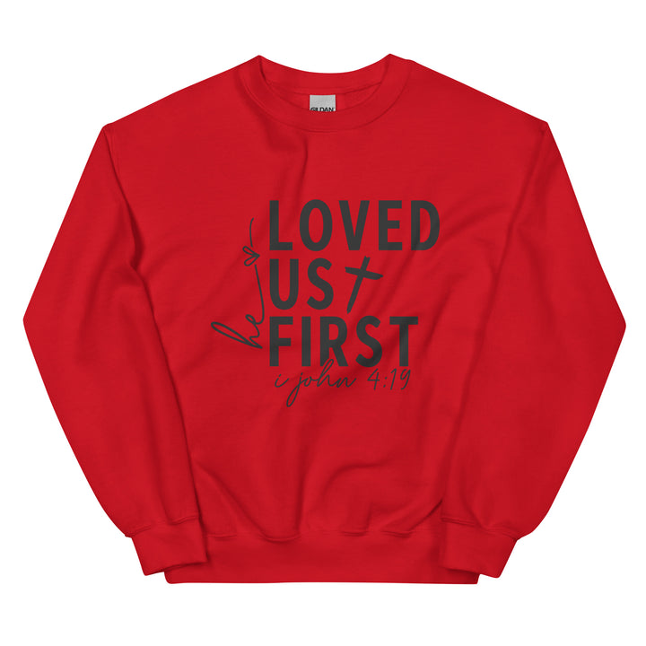 red-sweatshirt with-Loved us First-design for unisex 