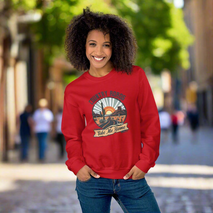 red-sweatshirt with Country Roads Take Me-design for unisex