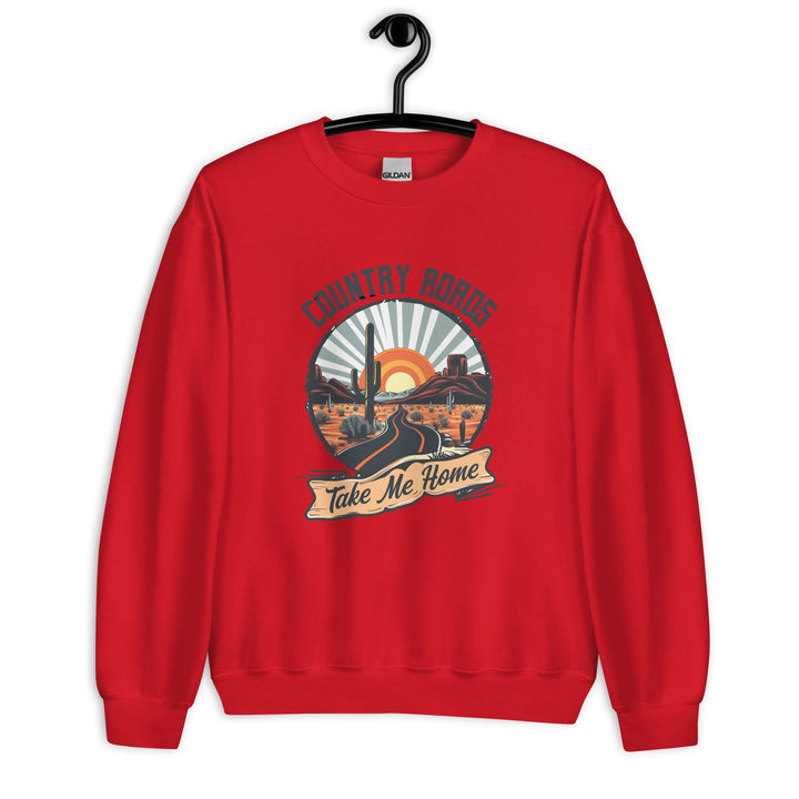 red-sweatshirt with Country Roads Take Me-design for unisex