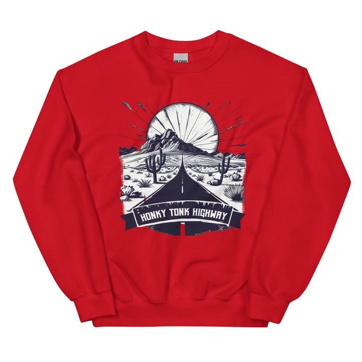 red-sweatshirt with-Honky Tonk Highway-design for unisex