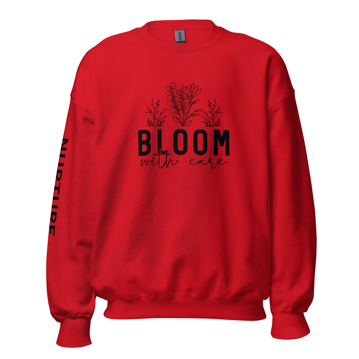 red-sweatshirt with-Bloom with care-design for unisex