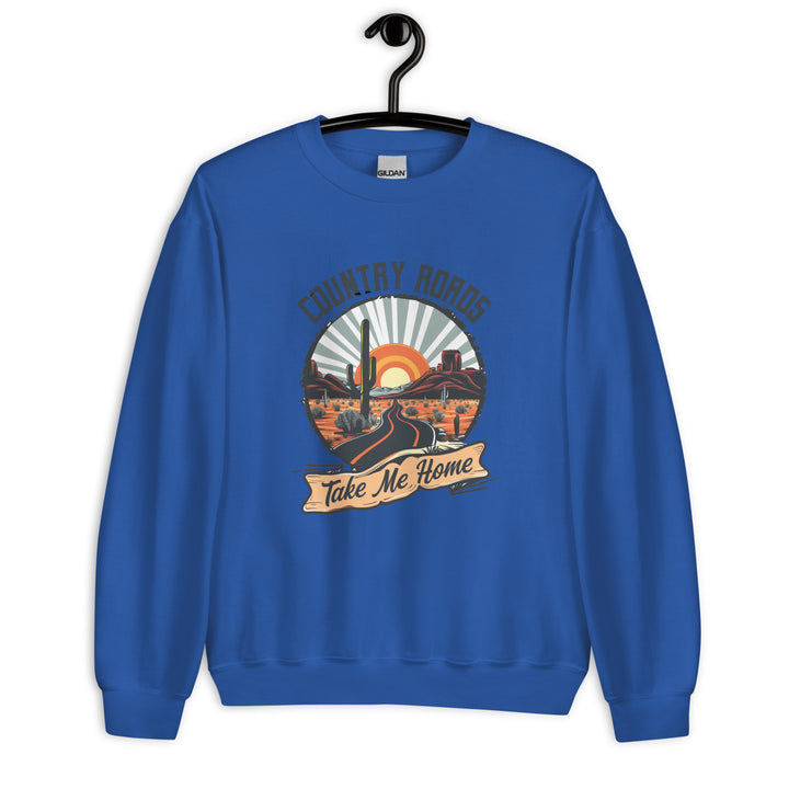 royal-sweatshirt with Country Roads Take Me-design for unisex