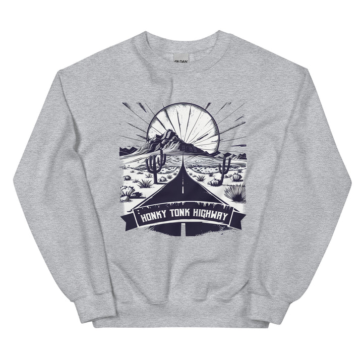 sport-grey-sweatshirt with-Honky Tonk Highway-design for unisex