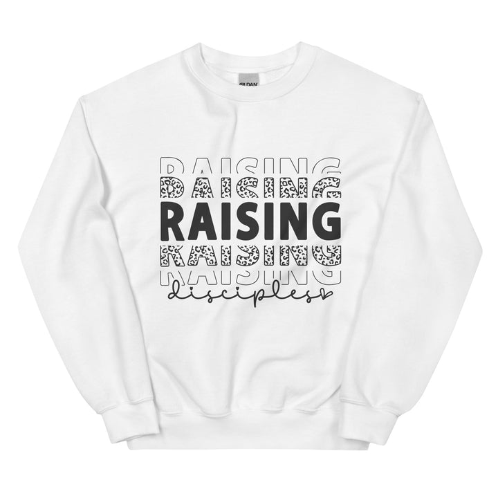 white-sweatshirt with-Raising Disciples-design for unisex