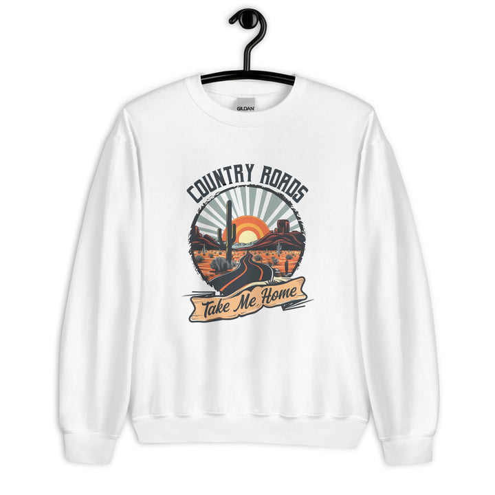 white-sweatshirt with Country Roads Take Me-design for unisex