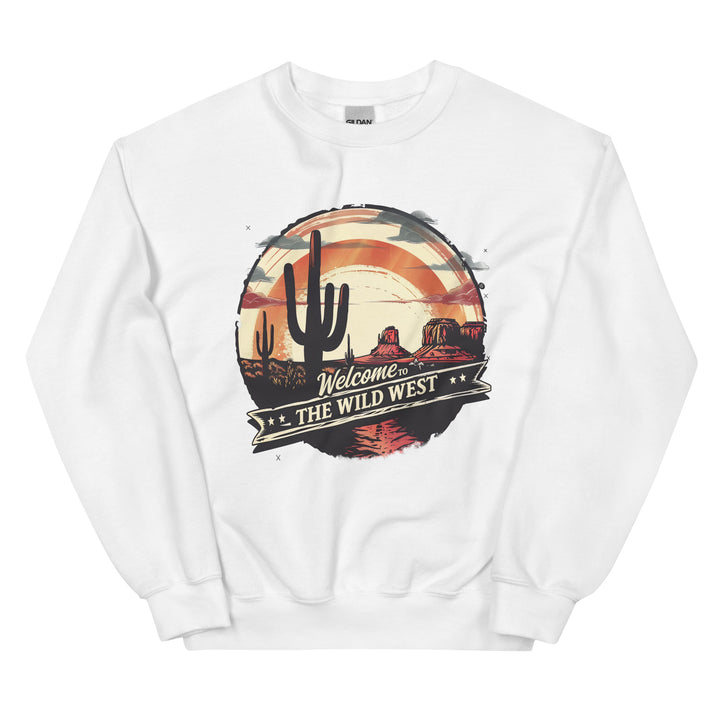 white-sweatshirt with-Welcome To The Wild West-design for unisex