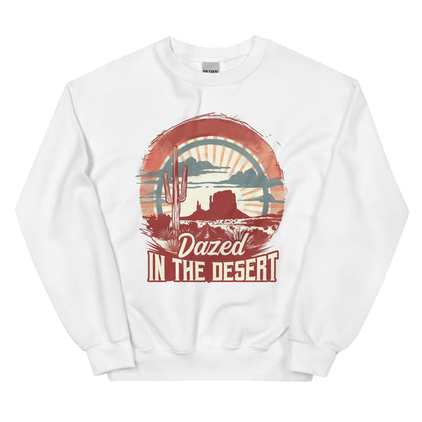 white-sweatshirt with-Dazed In The Desert-design for unisex