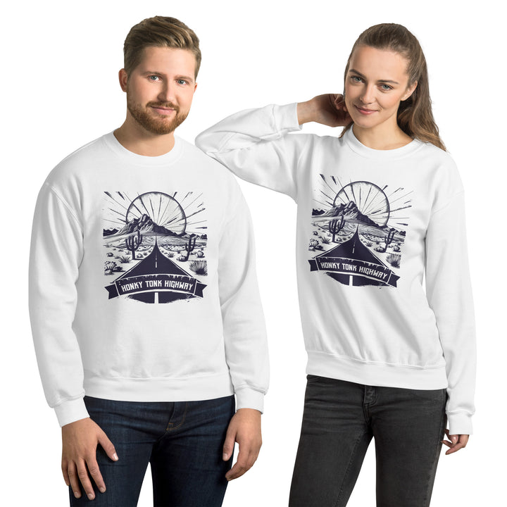 white-sweatshirt with-Honky Tonk Highway-design for unisex