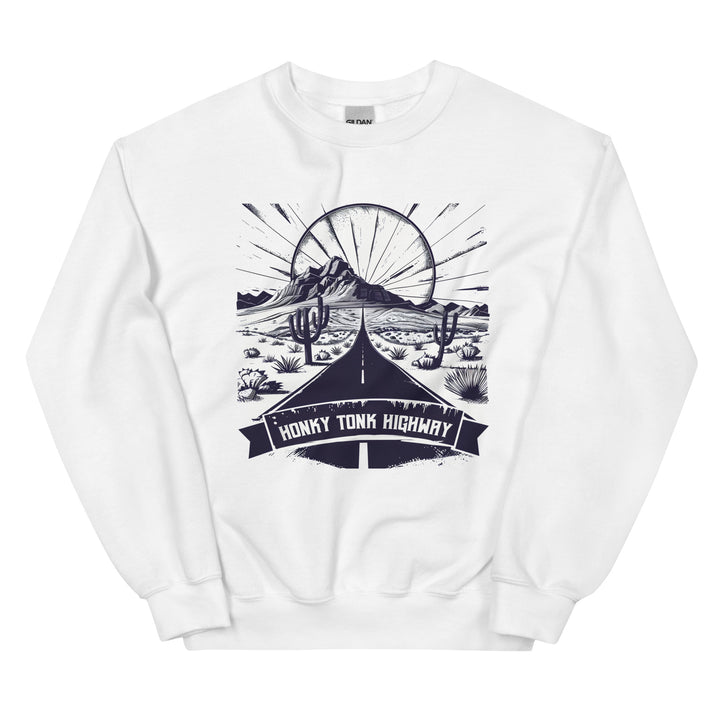 white-sweatshirt with-Honky Tonk Highway-design for unisex