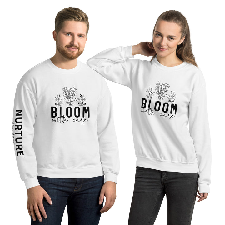 white-sweatshirt with-Bloom with care-design for unisex