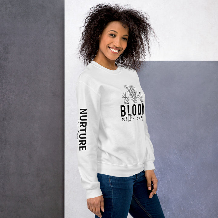 white-sweatshirt with-Bloom with care-design for unisex