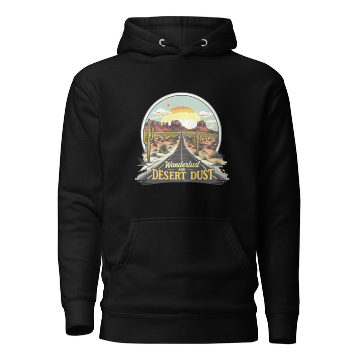 black-Hoodie with-Wanderlust-And-Desert-Dust-design for unisex